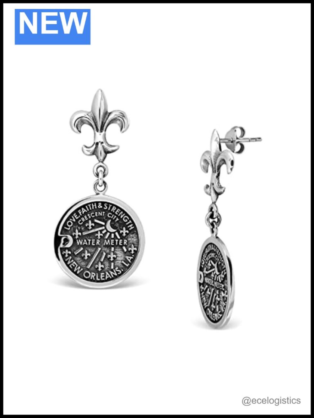 925 Sterling Silver Fleur de Lis Water Meter Manhole Stud Earrings